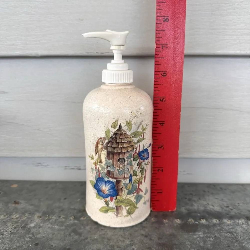 Vintage Home Garden Party Stoneware Soap Lotion Dispenser Birdhouse Flowers